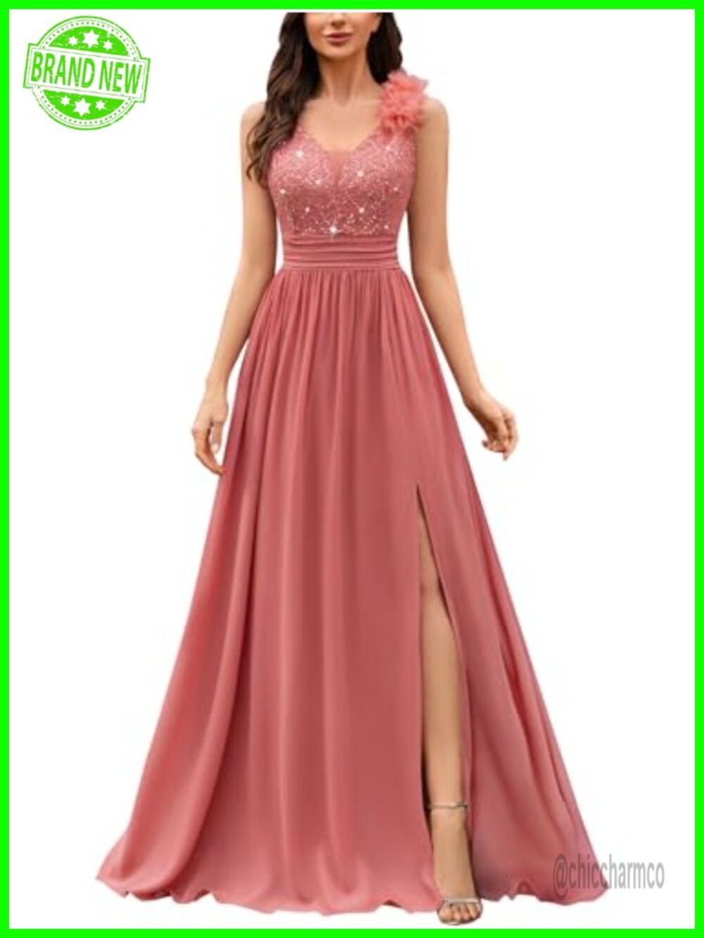 Sequin Lace V-Neck Evening Maxi Dress